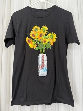 Beers Sunflower Graphic Tee Medium Black Cotton T Shirt Floral